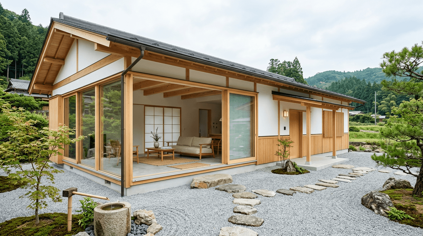漆喰の平屋で採光のよい住まいのイメージ